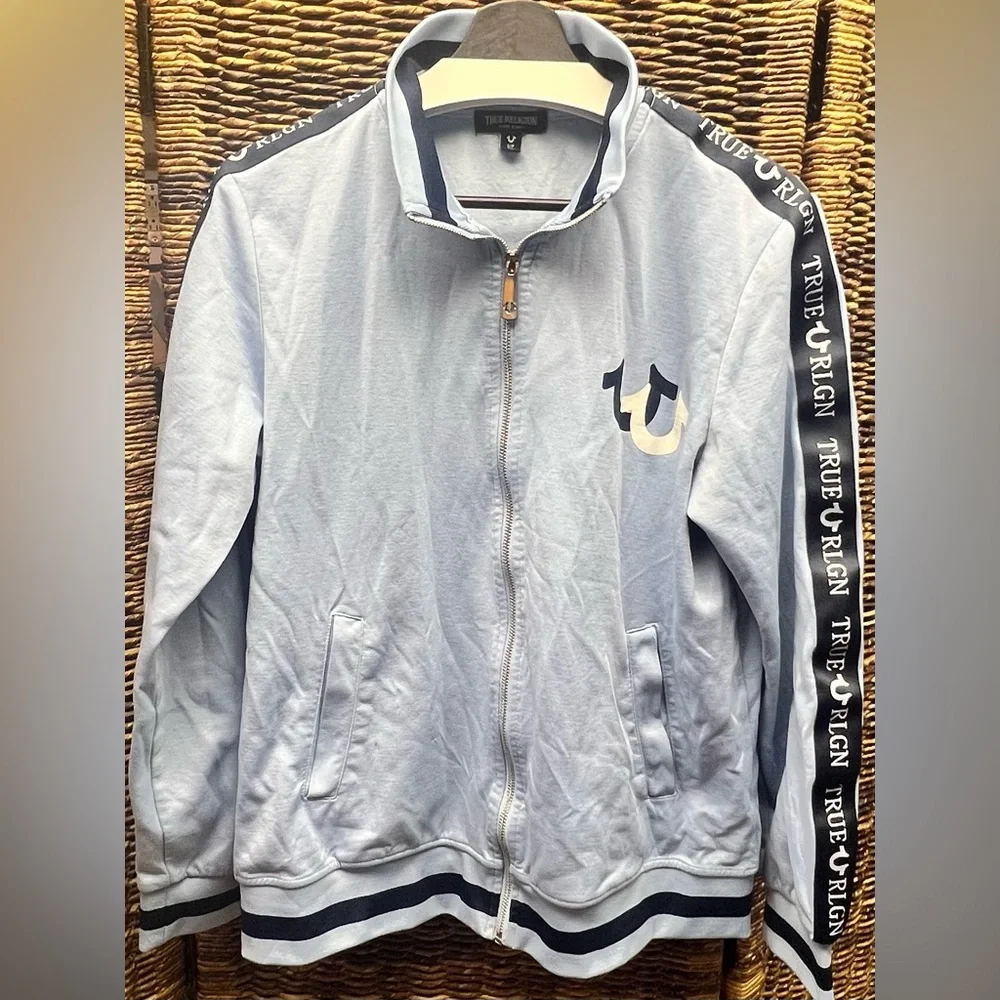 True Religion-Men's Light Blue Track Tape Jacket- Small, Tooth missing zipper‎